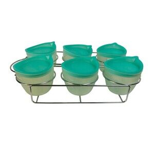 Pampered Chef Mini Bowls 4 oz Teal Lid w Metal Storage Rack 100181